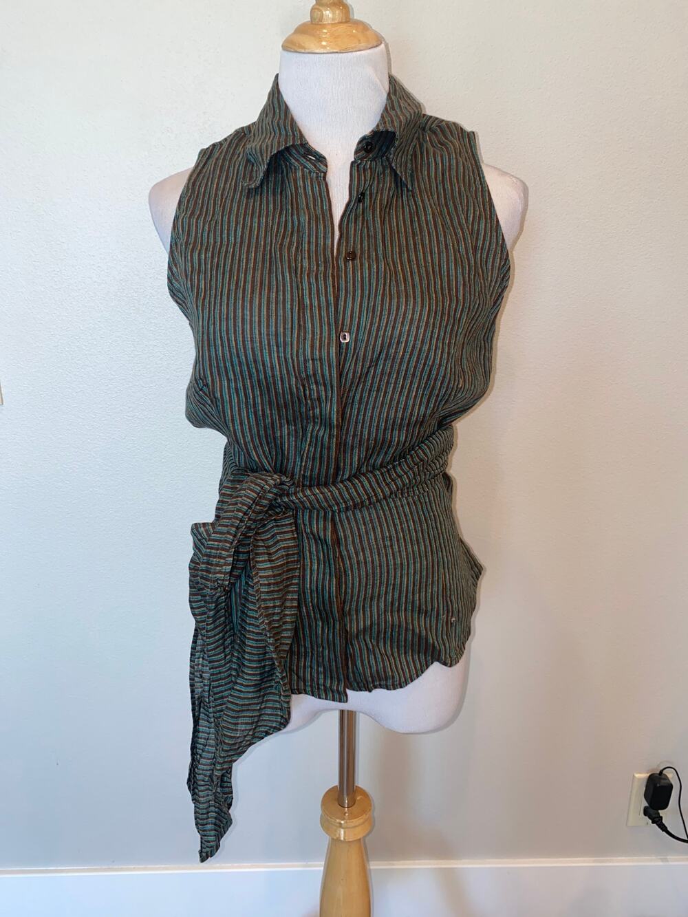 Max Mara Puro Lino Blouse Sleeveless Tie Waist Striped Linen Size US 14